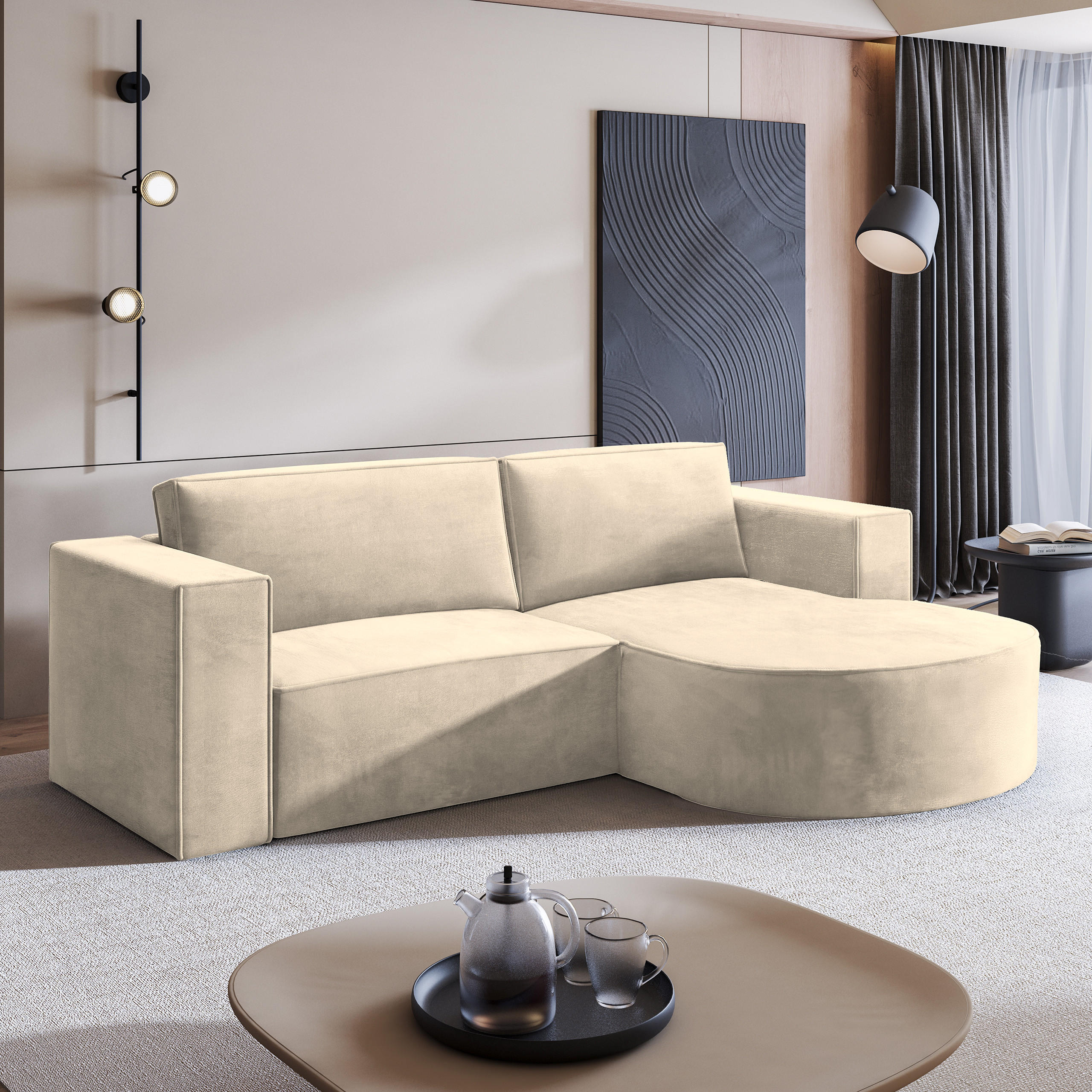 ECKSOFA SORELA M R-S Creme Velours-Stoff mit Schlaffunktion - Creme, Holz (263/174cm) - MASSENO