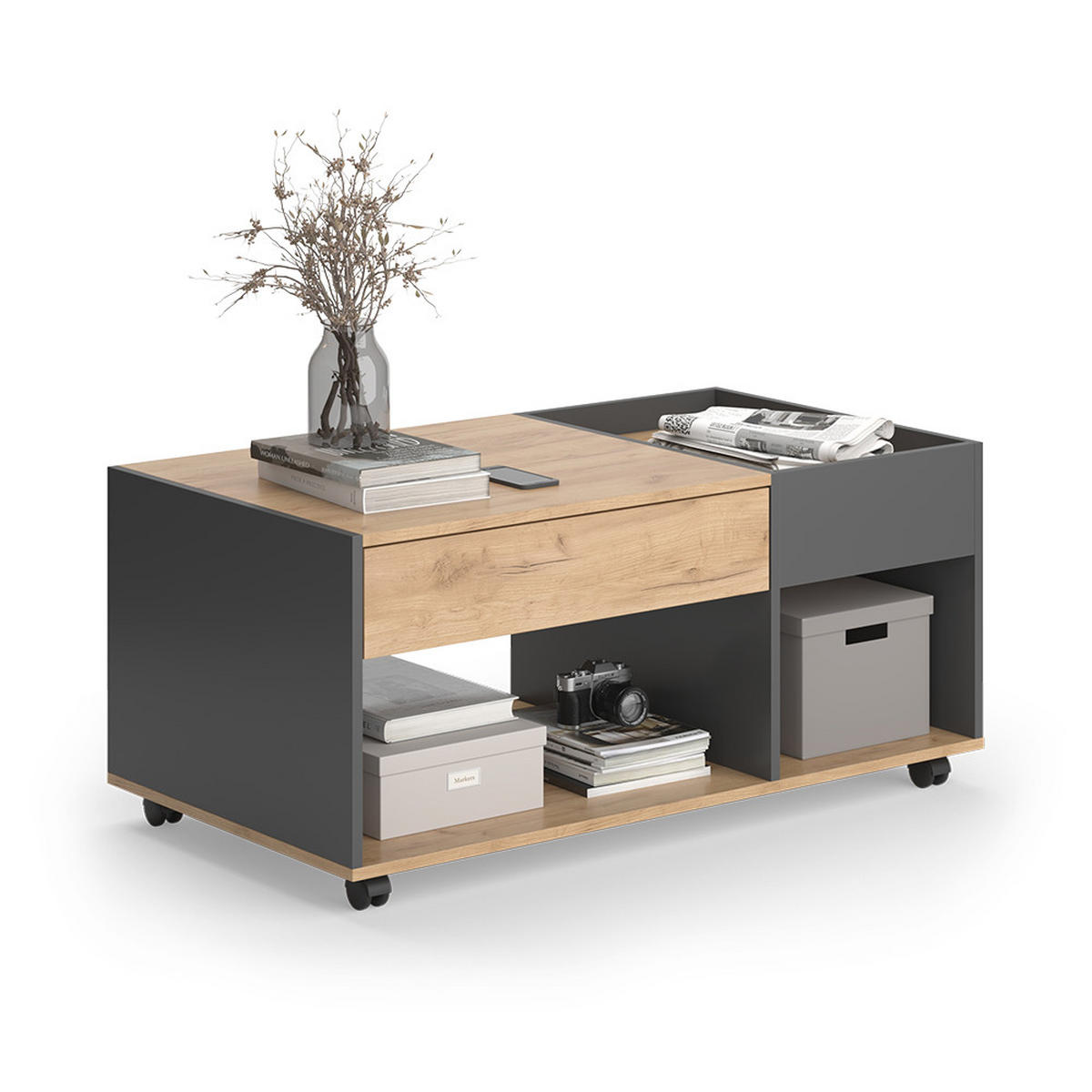 COUCHTISCH Maik Goldkraft Eiche/Anthrazit 110 x 60 cm mit Schublade - Anthrazit/Eiche Wotan, Holzwerkstoff (60/110/49.5cm) - Vicco