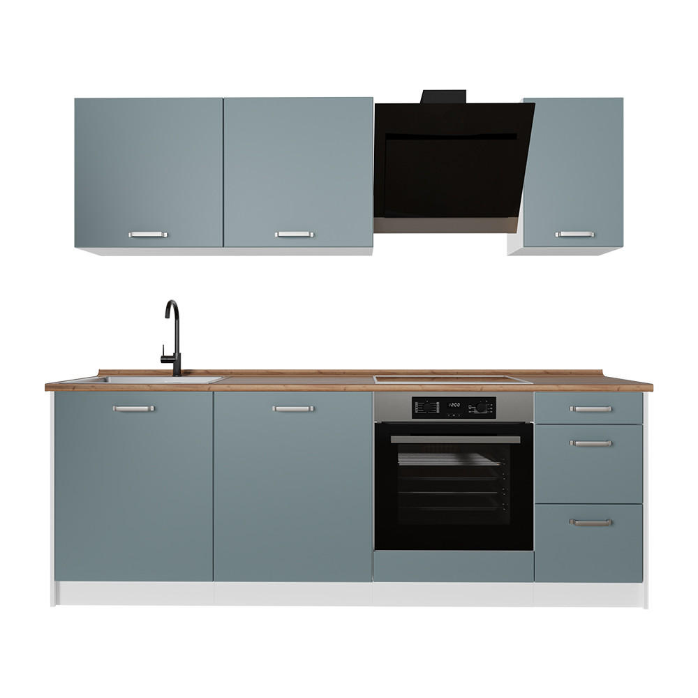 KÜCHENZEILE R-Line, Blau-Grau/Weiß, 220 cm Arbeitsplatte Goldkraft Eiche - Blaugrau/Weiß, Holzwerkstoff (220/81.6/60cm) - Vicco