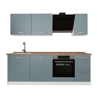 KÜCHENZEILE R-Line, Blau-Grau/Weiß, 220 cm Arbeitsplatte Goldkraft Eiche - Blaugrau/Weiß, Holzwerkstoff (220/81.6/60cm) - Vicco