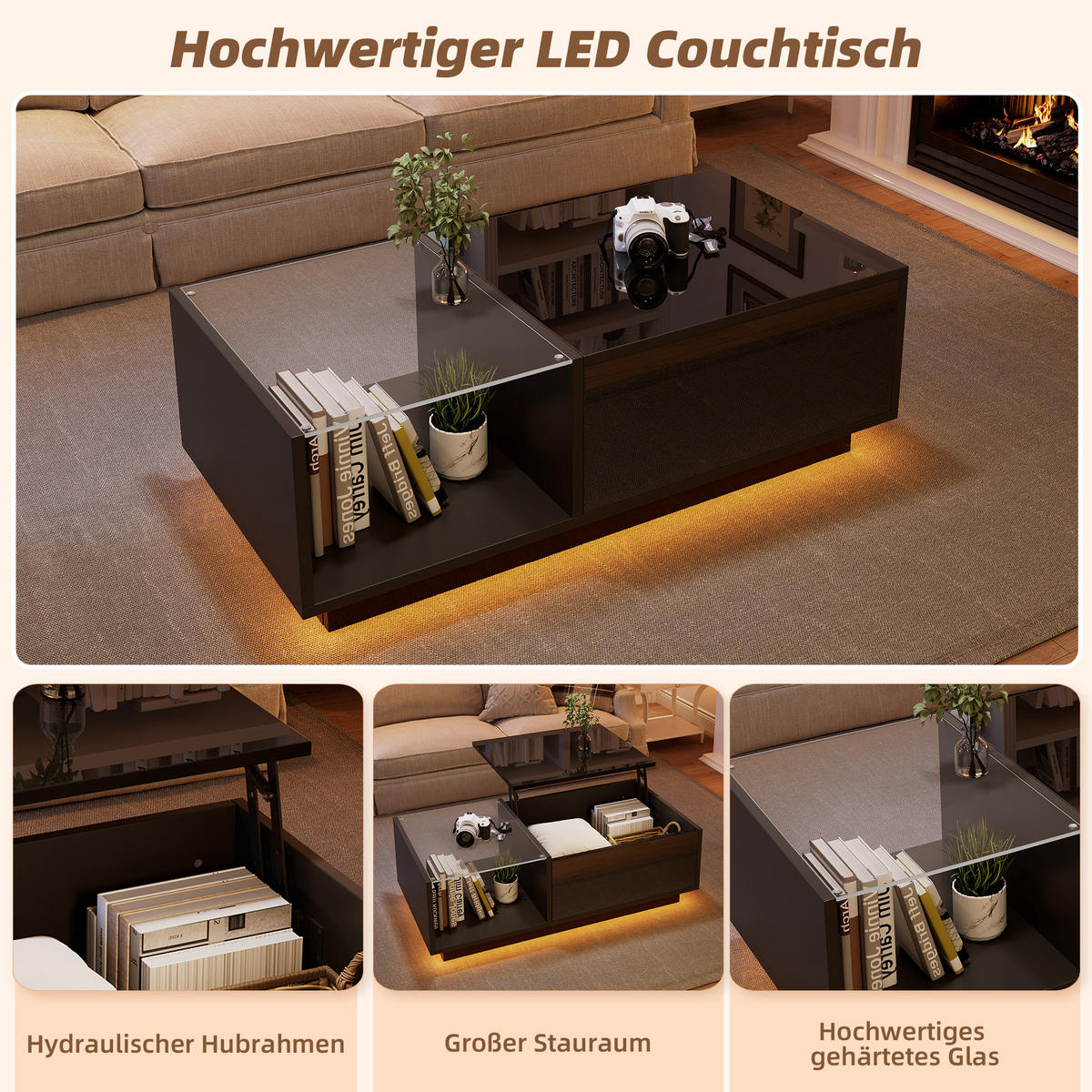 COUCHTISCH aus Spanplatte 100x50x33-46,5 cm in Schwarz mit LED-Beleuchtung - Schwarz, Holzwerkstoff (100/50/46.5cm) - Modfu