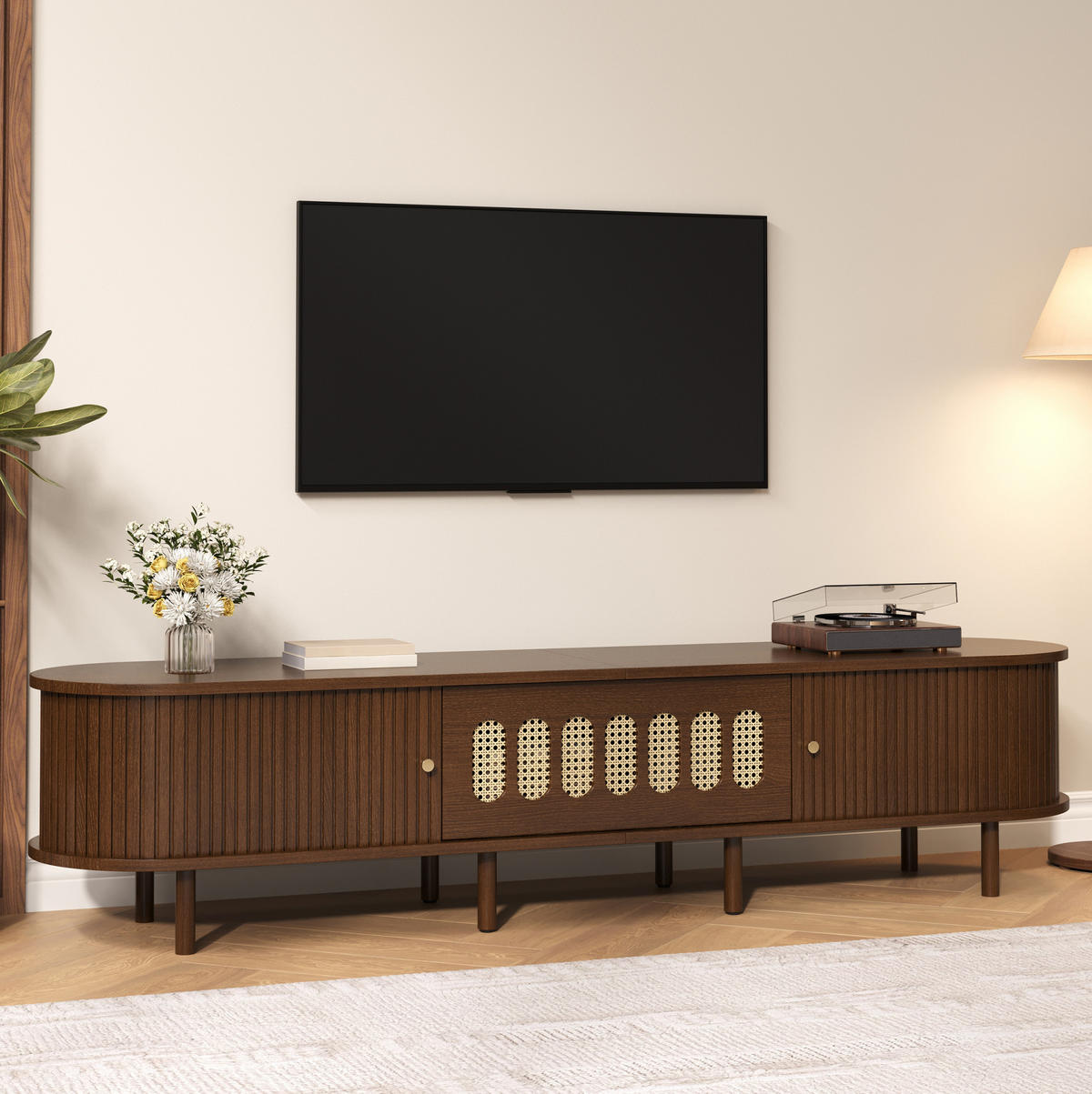 TV-LOWBOARD aus MDF 180x40x40 cm Walnussfarben mit Klapptür, 2 Rolltüren und 5 geschlossenen Fächern - Braun, Holzwerkstoff (180/40/40cm) - Modfu