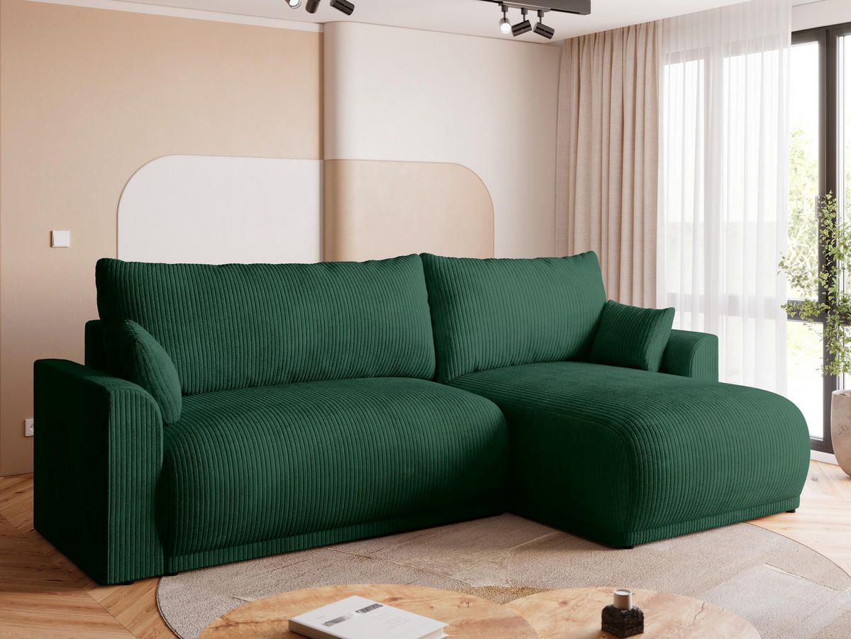 ECKSOFA MORENO mit Schlaffunktion Grün Cord - Dunkelgrün, Textil (262/160cm) - Bromarkt