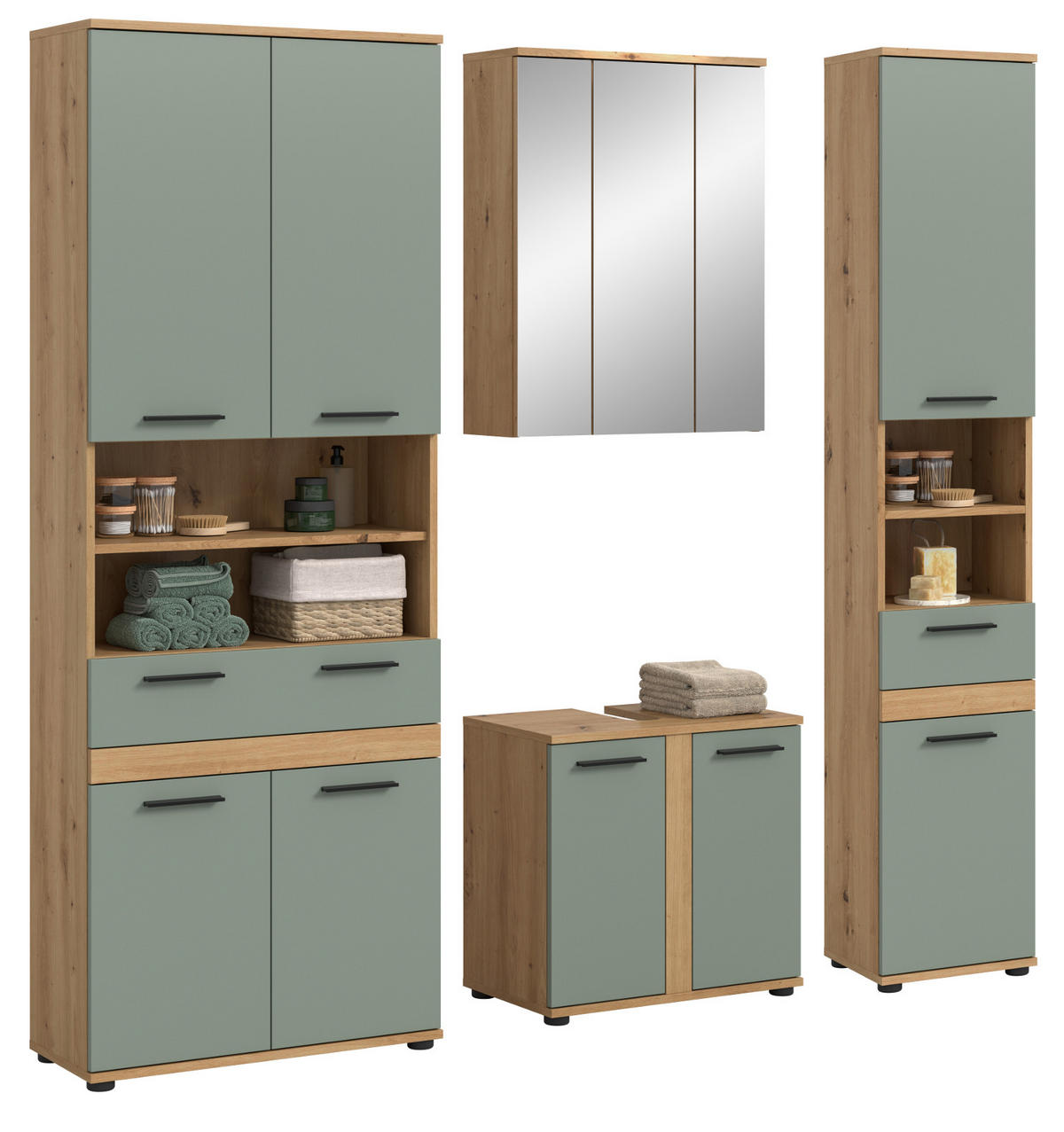 BADMÖBEL-SET 4-teilig Salbei grün, Artisan Eiche 199 cm, Badezimmerschränke mit viel Stauraum - Salbeigrün/Schwarz, Glas/Holzwerkstoff (195/191/34cm) - Inn.Furn