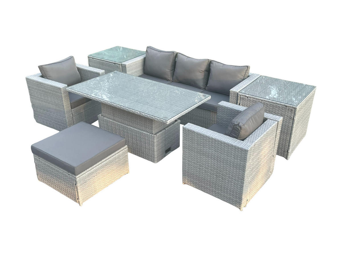 GARTENMÖBEL SET mit höhenverstellbarer Tisch Polyrattan Helles Grau 7-teilige - Hellgrau, Metall - Fimous