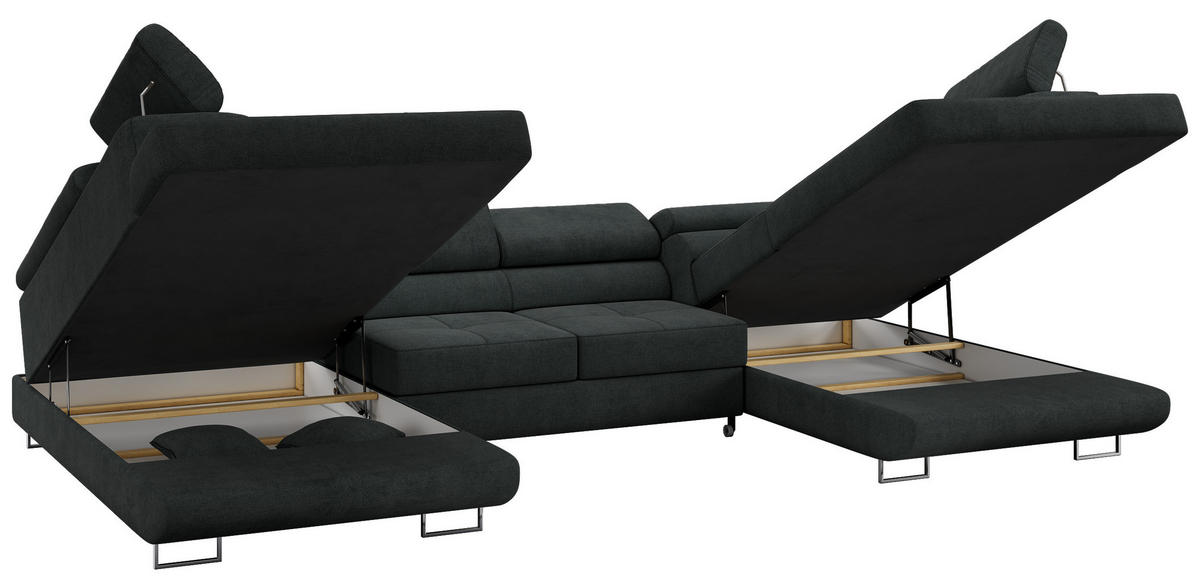 WOHNLANDSCHAFT GUSTAW U Dunkelgrau Struktur - Dunkelgrau/Silberfarben, Textil/Metall (340/55/205cm) - MKS