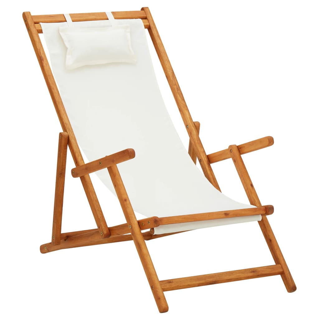 KLAPPBARER Strandstuhl Eukalyptus Massivholz Und Stoff Creme - Creme, Textil (127/95/60cm) - vidaXL
