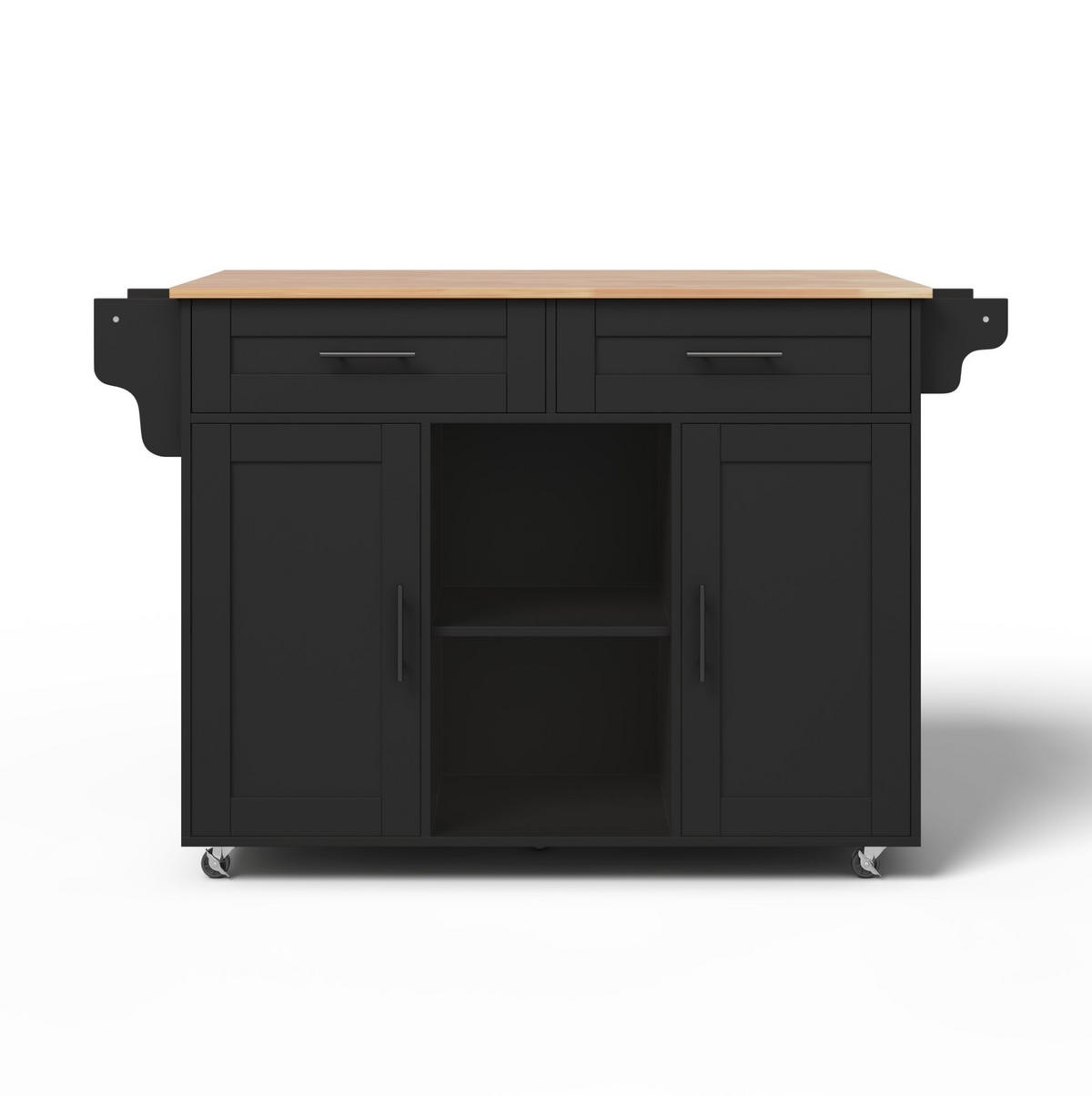 KÜCHENINSEL 145/70/94,5 cm mit ausziehbarer Arbeitsplatte, 2 Schubladen und 5 Rollen, Schwarz - Schwarz, Holzwerkstoff (145/94.5/70cm) - Redom
