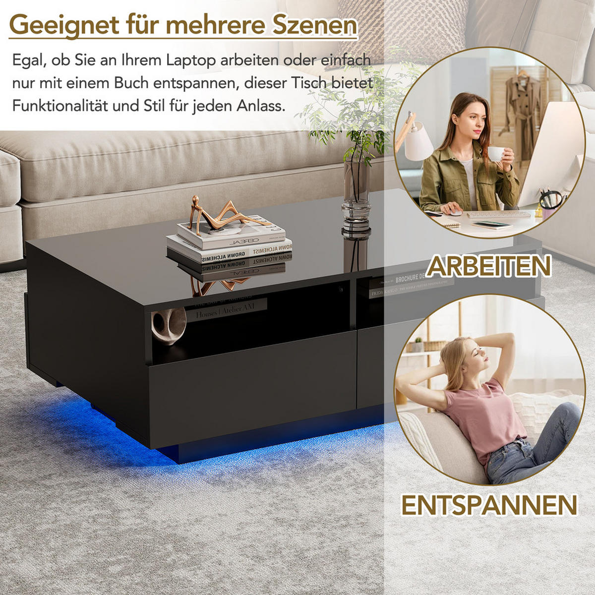COUCHTISCH Schwarz Hochglanz LED 16 Farben 4 Schubladen USB Modern - Schwarz, Holz (100/65.48/14.48cm) - FLIEKS