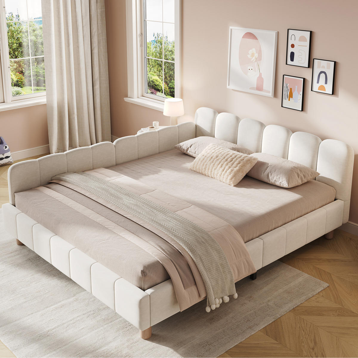 KINDERBETT 140/200 cm in Beige Samt mit Taschen - Beige, Holzwerkstoff/Textil (140/200cm) - WISHDOR