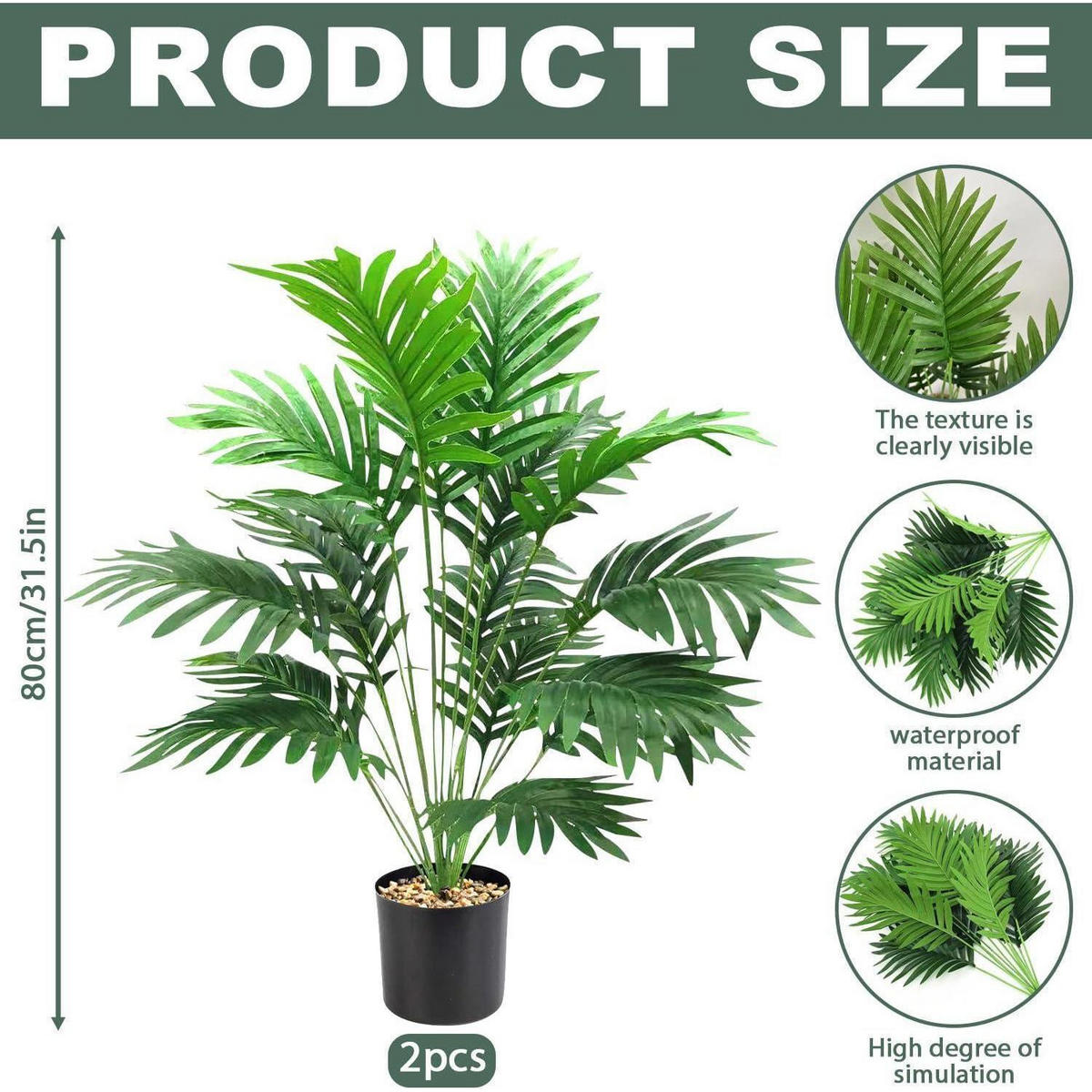 KUNSTPFLANZEN Set 2-teilig Palme 80 cm - Grün, Kunststoff (10cm)