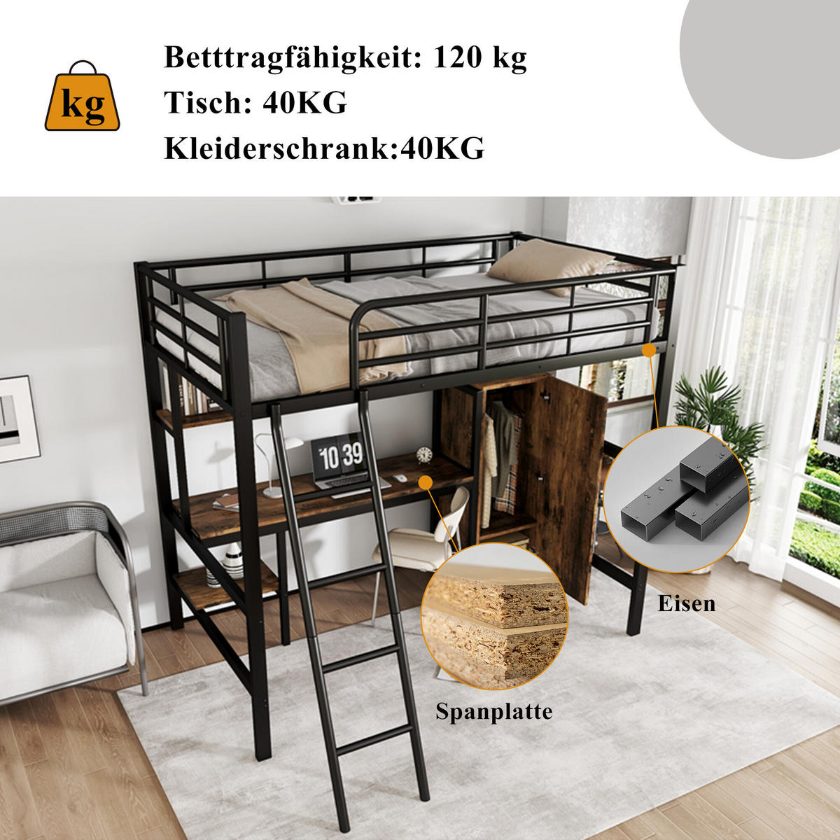 HOCHBETT Mit Bücherregalen, Schreibtisch und Kleiderschrank Schwarz - Schwarz, Holzwerkstoff/Metall - Urban Meuble