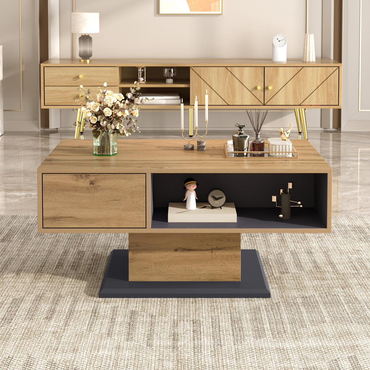 COUCHTISCH, mit doppelseitigem Stauraum, Innenfach, Holzoptik Eiche/Grau, 100/46,5/50 cm，Grau - Grau, Holzwerkstoff (100/50/46.5cm) - Redom