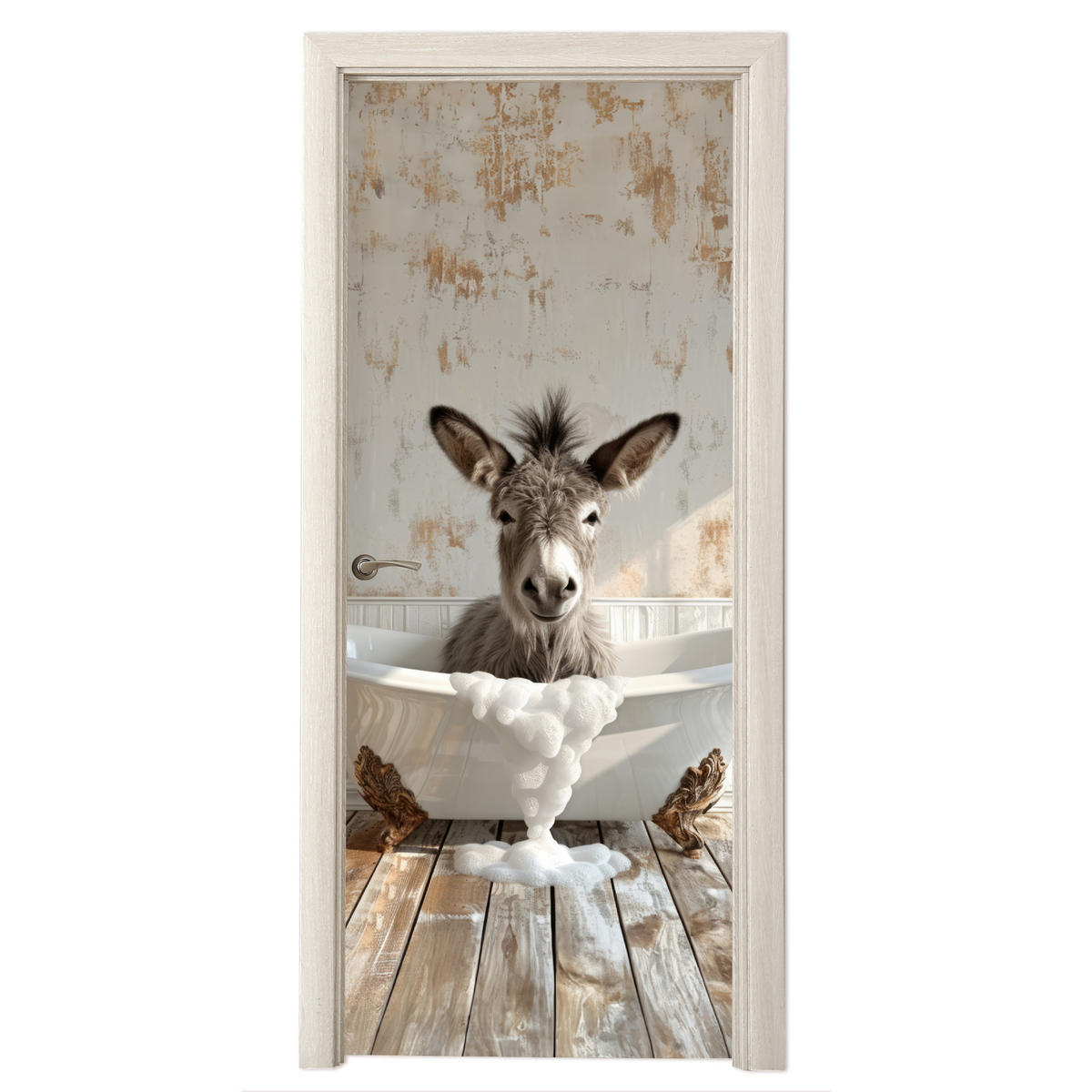 FOTOTAPETE Tür - Esel - Tier - Vintage - Badewanne 80x205 cm - Eukalyptusholzfarben, Kunststoff (80/0.1cm) - MuchoWow