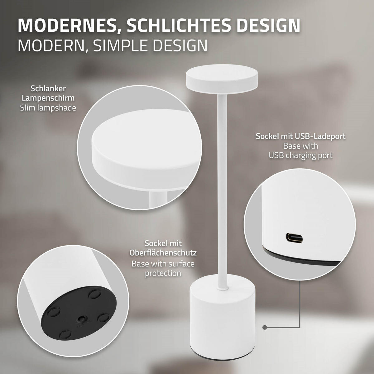 LED TISCHLAMPE kabellos Touch Weiß Ø8x34,5cm 3 Lichtfarben Dimmbar - Weiß, Kunststoff (8/8/34.5cm) - ML-DESIGN