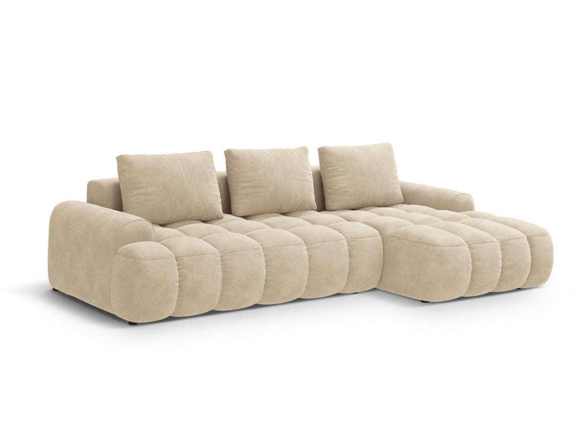 AUSKLAPPBARES-ECKSOFA rechts mit Container Linz aus Samt leichtes beige 3 Sitzplätze - Creme, Textil (142/275cm) - Cosmopolitan Design
