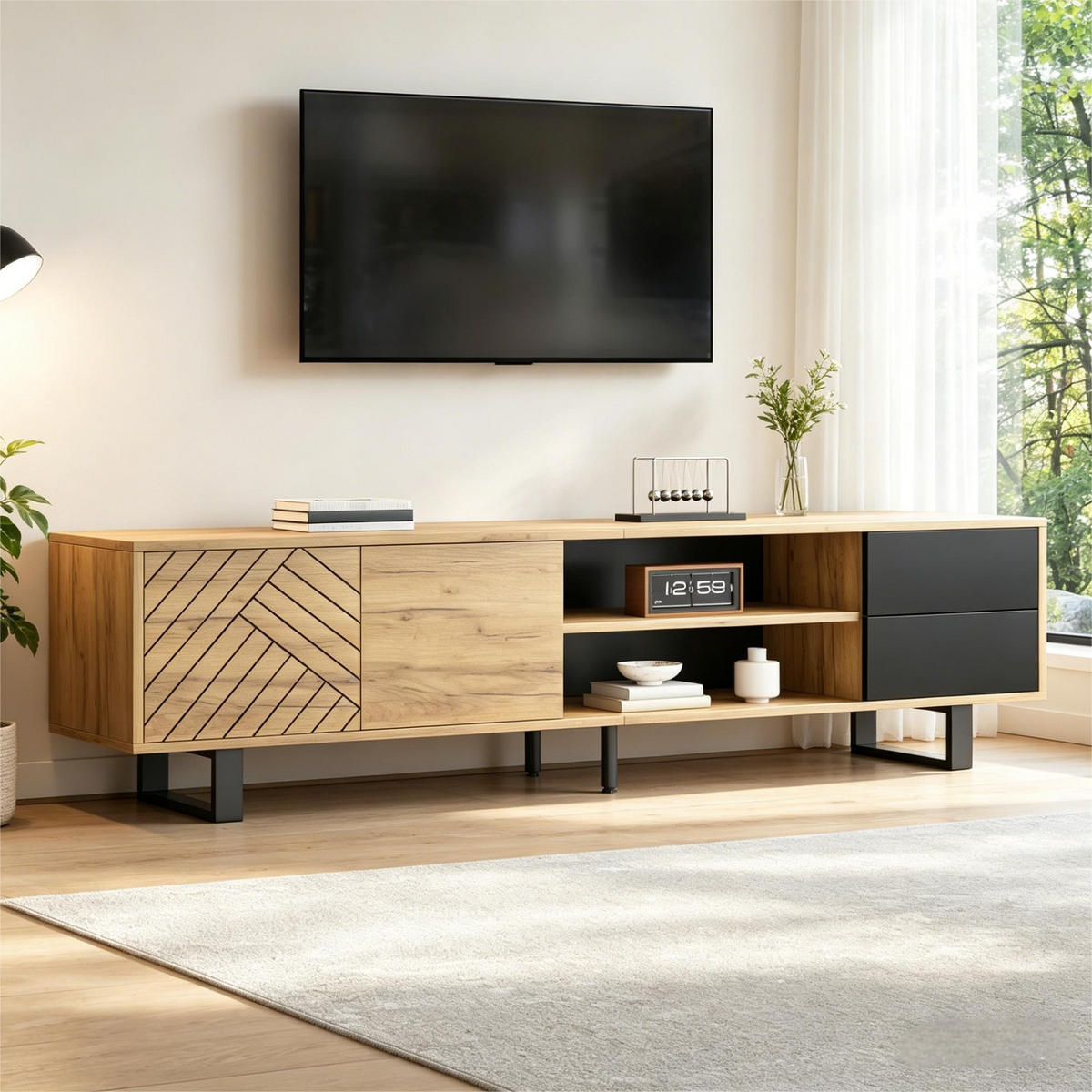 TV-LOWBOARD 180cm Holzoptik & Schwarz für 75-Zoll TV mit 2 Schubladen & Metallbeinen - Naturfarben, Holzwerkstoff (180/50/40cm) - Urban Meuble