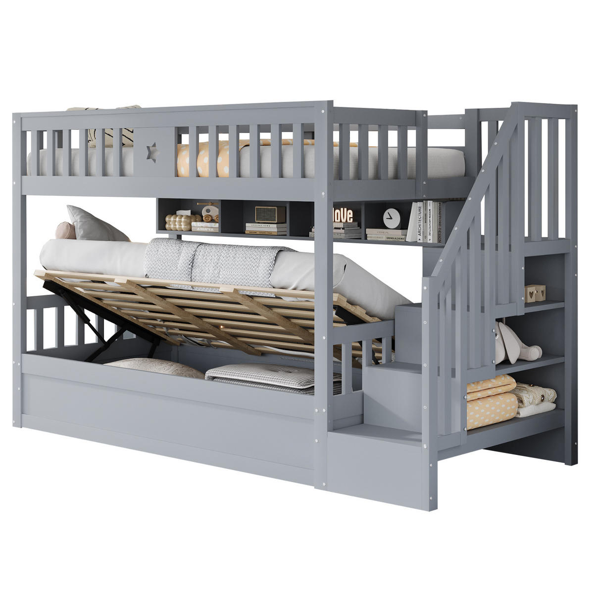 HOCHBETT 90/200 cm mit hydraulischem Stauraum, Regalen und Treppe, Grau - Grau, Holzwerkstoff (90/200cm) - Redom
