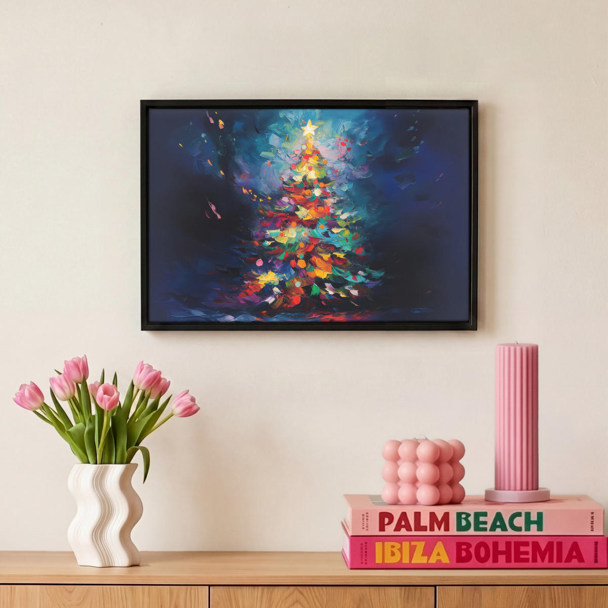 LEINWAND Bilder mit Rahmen - Weihnachtsbaum - Weihnachten - Abstrakt - Farbenfroh - 30x20 - Multicolor, Textil (30/20cm) - MuchoWow