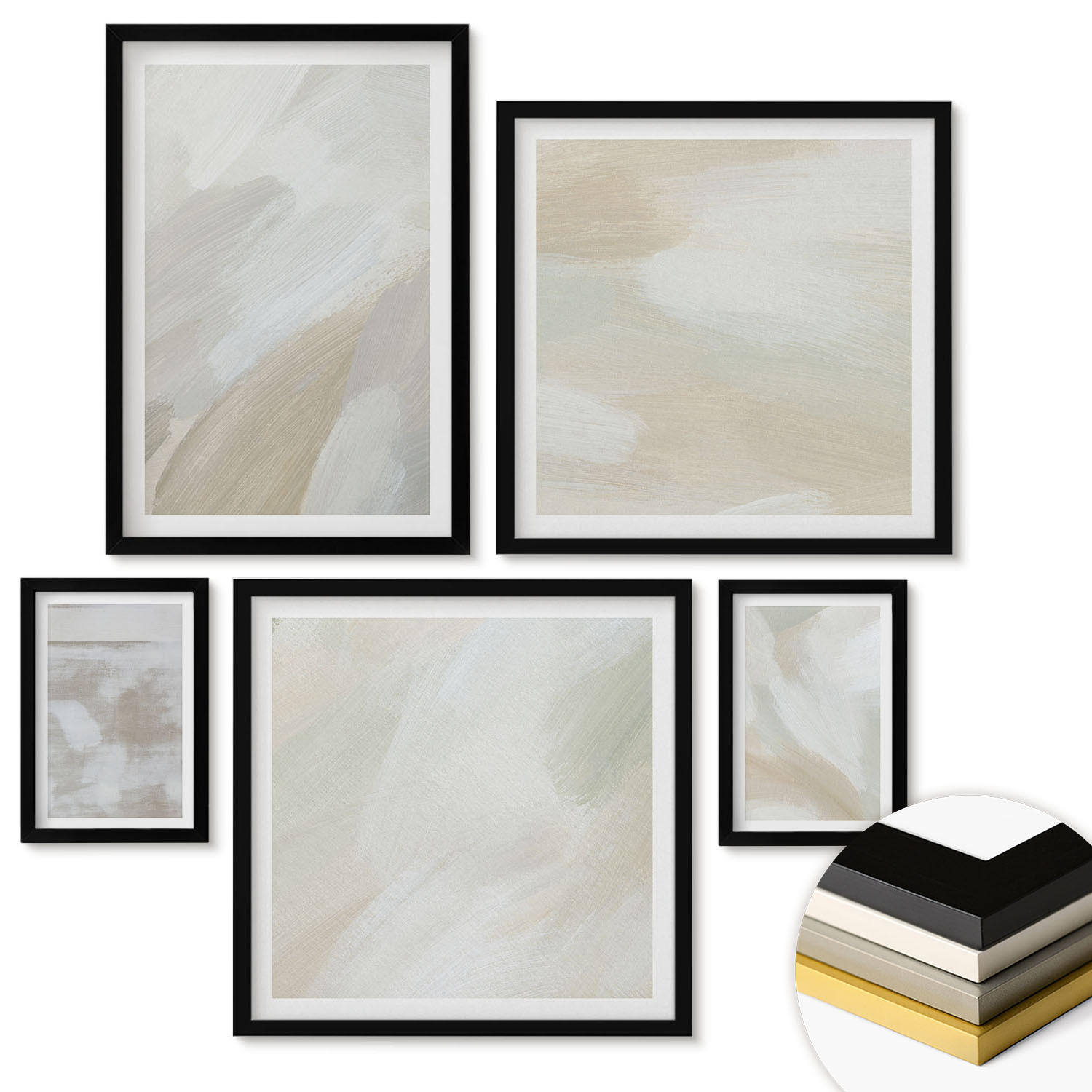 WANDBILDER 5er-Set - 50x50 cm & 20x30 cm & 40x60 cm Schwarzer Rahmen - Abstrakte Pinselmalerei auf Leinwand - Schwarz, Kunststoff (40/60cm) - ArtPrintCave