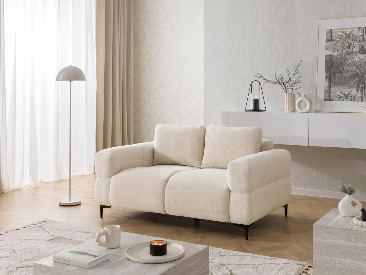 2-SITZER-SOFA Cardea in Bubble-Optik aus weichem Hellbeige Strukturstoff mit hohem Sitzkomfort - Beige/Schwarz, Holz/Textil (154/80/97cm) - S-Style Möbel