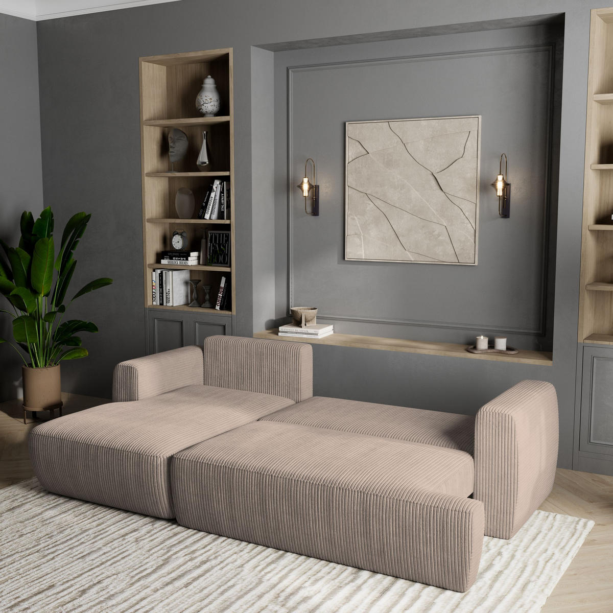 ECKSOFA SENTI P L-S Beige Kordstoff mit Schlaffunktion - Beige, Holz (246/148cm) - MASSENO