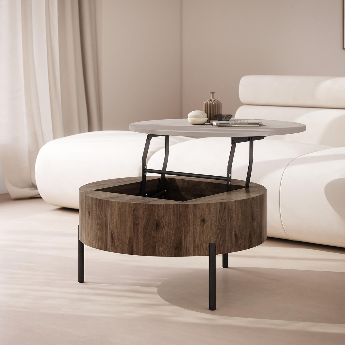 COUCHTISCH rund aufklappbar höhenverstellbar Stauraum 79/79/42 cm - Beige/Nussbaumfarben, Holzwerkstoff (79.5/79.5/42.7cm) - designimpex