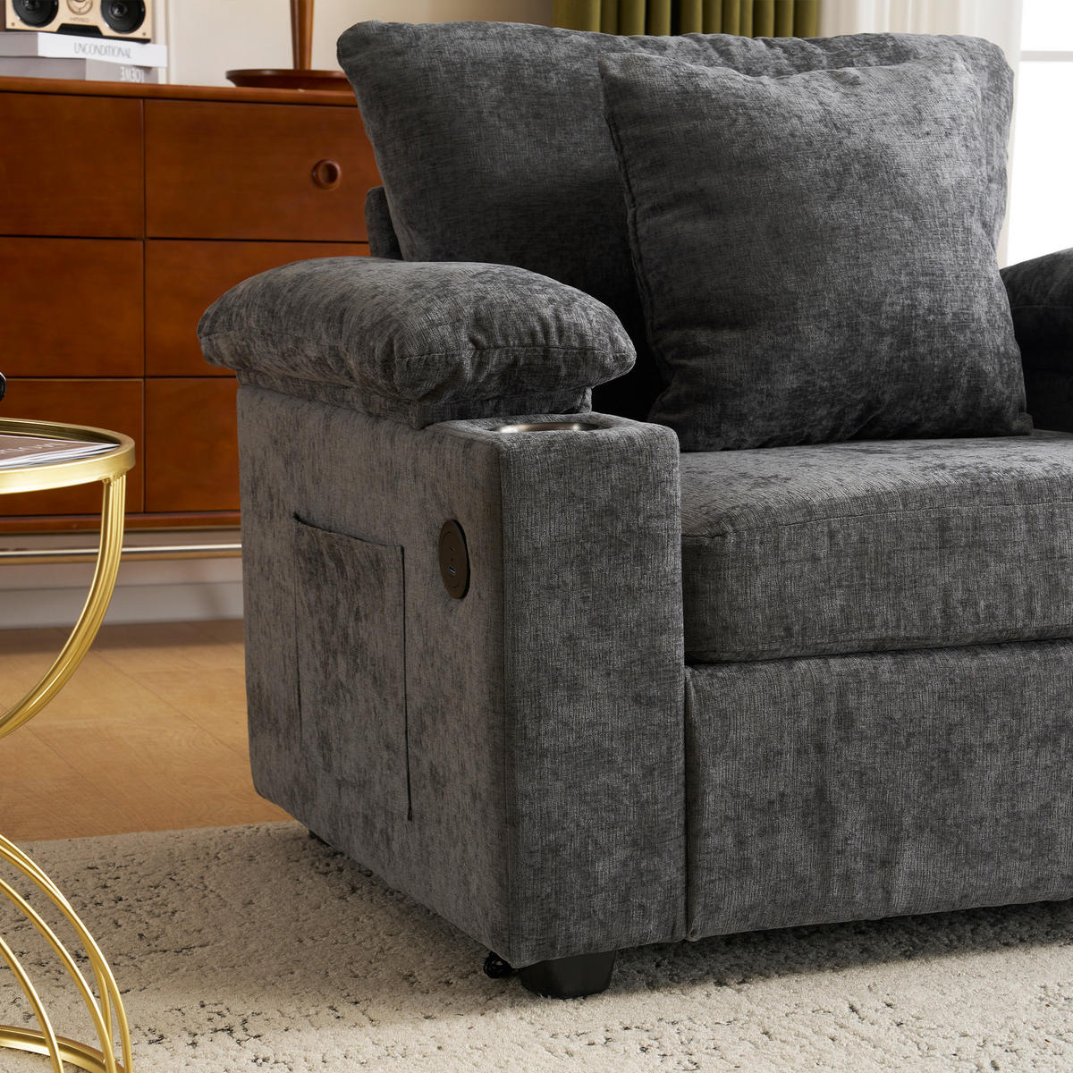 SESSEL DE-35287 mit USB und Getränkehalter Dunkelgrau - Dunkelgrau, Textil (98/83/148cm) - ComfortXL