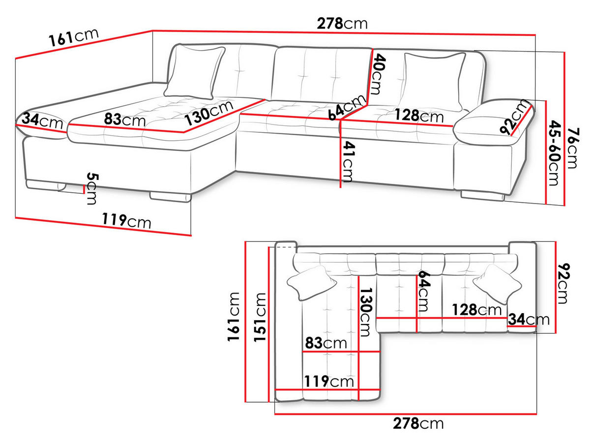 ECKSOFA Montana, Seite: Rechts - Rot/Schwarz, Holz/Textil (278/161cm) - MIRJAN24