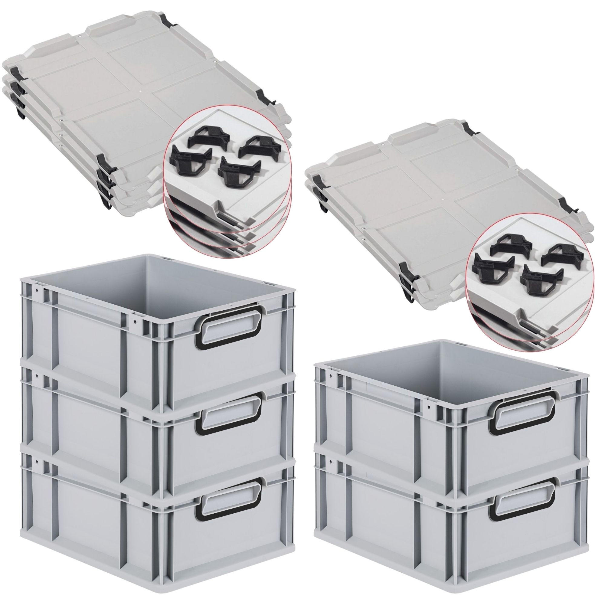 EUROBOX 5x NextGen Color mit Auflagedeckel 17x30x40 cm 16 Liter Grau Griffe schwarz zu - Schwarz/Grau, Kunststoff (30/17/40cm) - PROREGAL