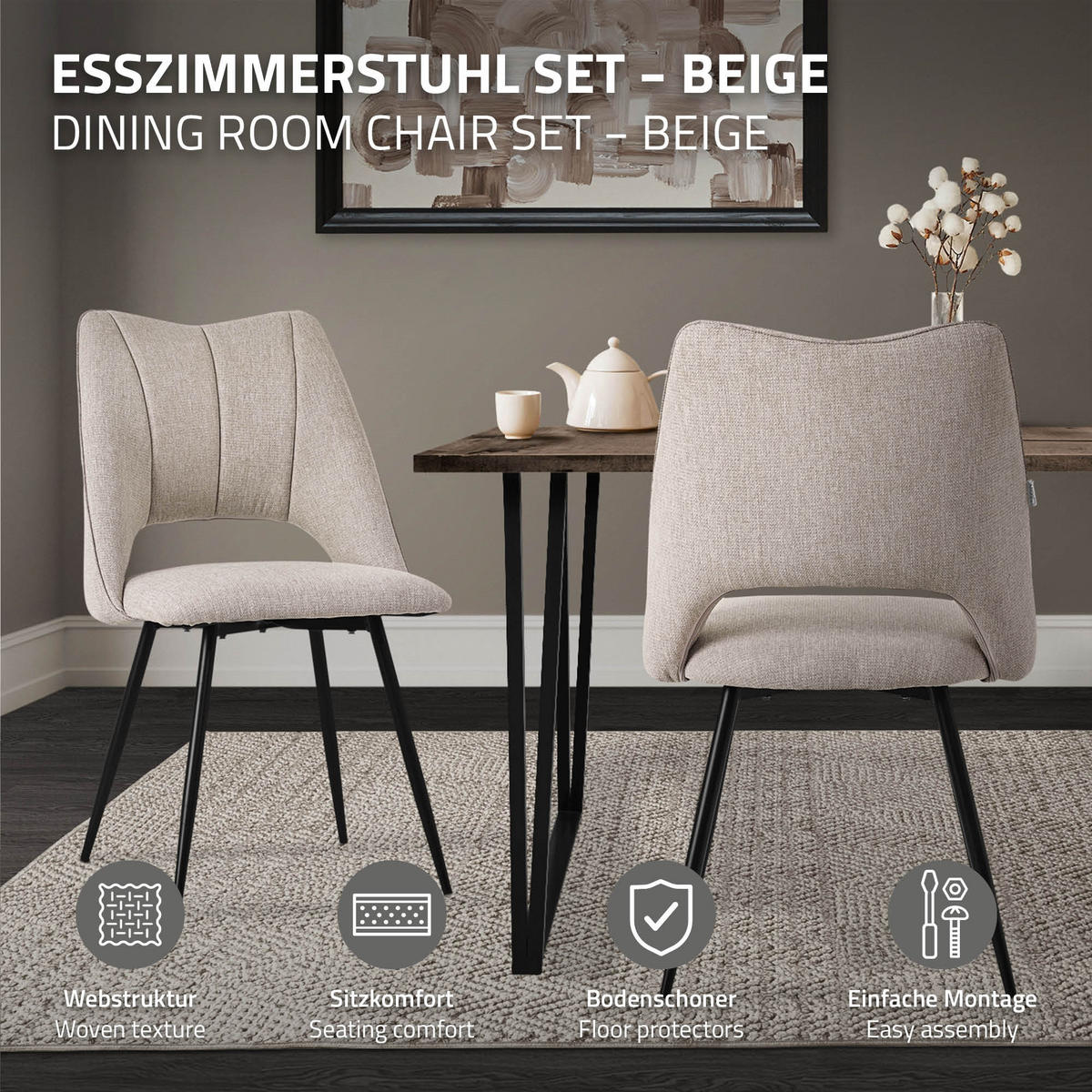 ESSZIMMERSTUHL Beige 4er Set - Beige/Schwarz, Textil/Metall (53/89/57cm) - ML-DESIGN