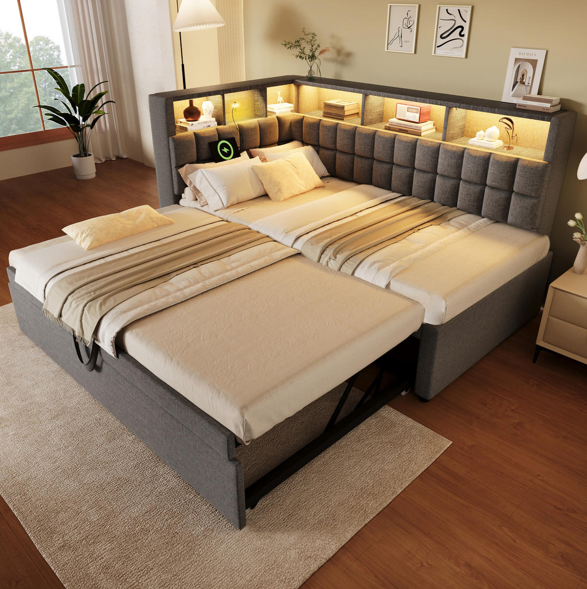 POLSTERBETT 90/180x200 cm in Grau mit LED-Beleuchtung und USB- und Type-C-Anschlüssen - Grau, Textil (90/200cm) - Flora Grace