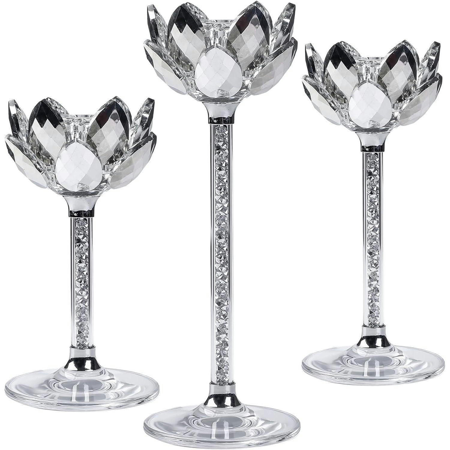 KERZENSTÄNDER 3-teiliges Set Kristall Lotus - Silberfarben, Glas (11.4/20.1/23.4cm)