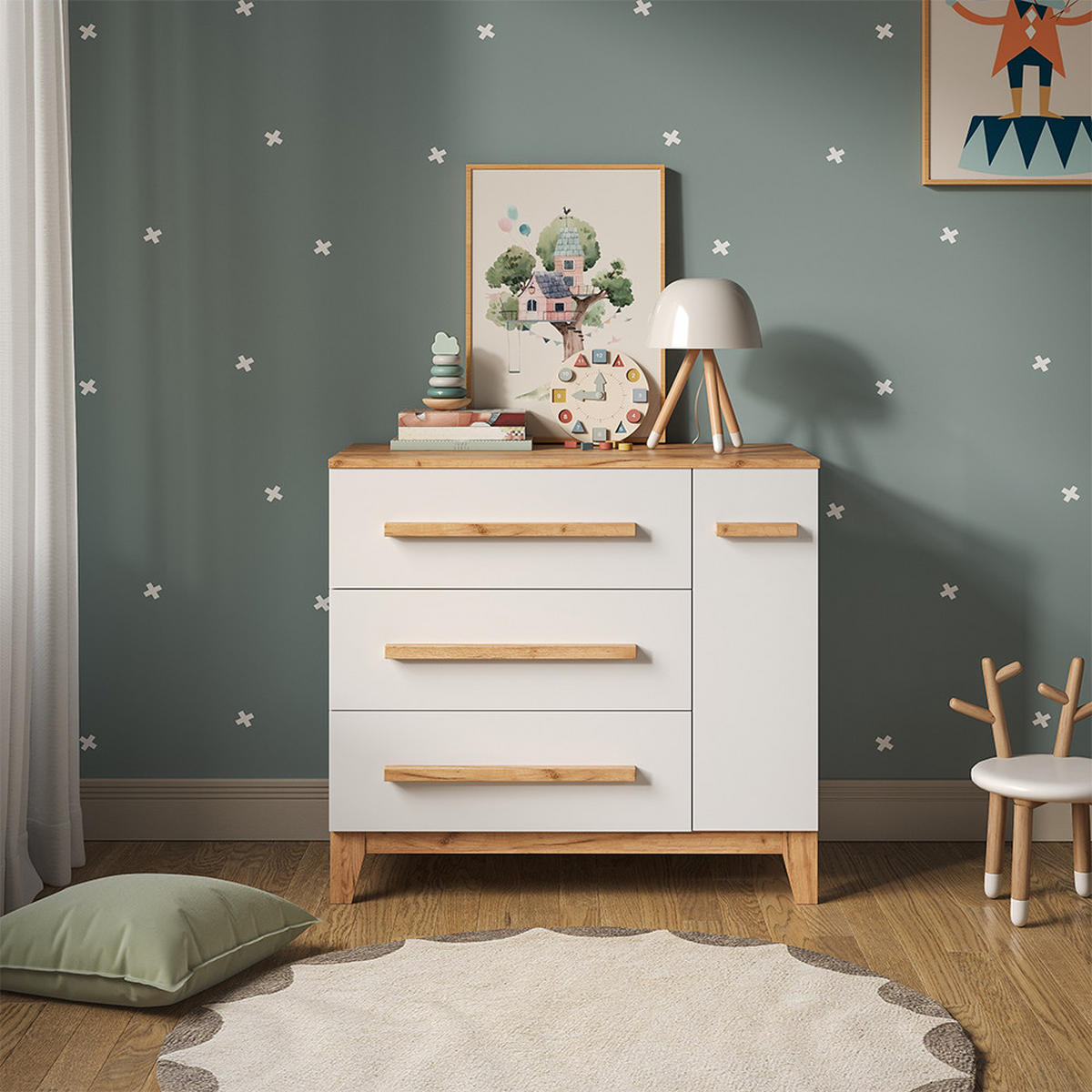 KOMODOVÝ PŘEBALOVACÍ STŮL Malia Bílá 98 x 98 cm s 1 dveřmi a 3 zásuvkami - bílá/světle šedá, kompozitní dřevo (98/98/52cm) - VitaliSpa