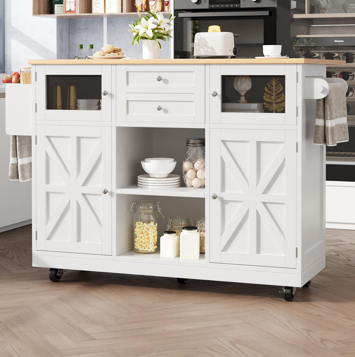 ESSWAGEN/WEINSCHRANK 140x70x93.5cm mit Metallgittern & 5 Rollen - Weiß, Holzwerkstoff (140/93.5/70cm) - Modfu
