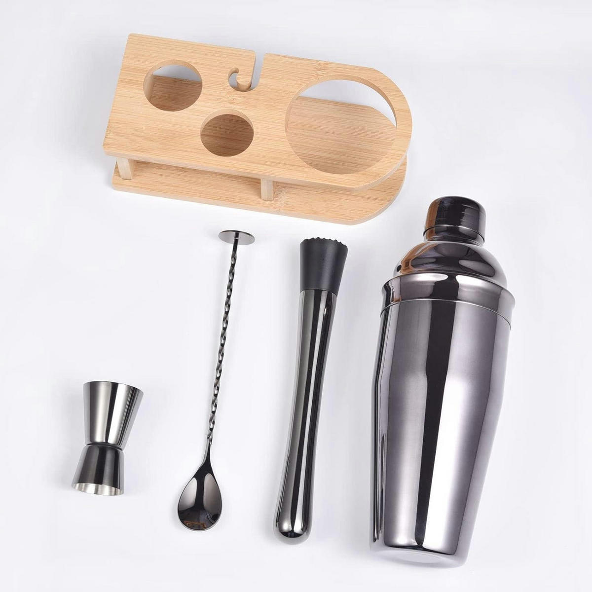 COCKTAIL Shaker Set 5-teilig 750 ml Edelstahl mit Holzständer - Multicolor, Metall (17.1/13.7/21.9cm)