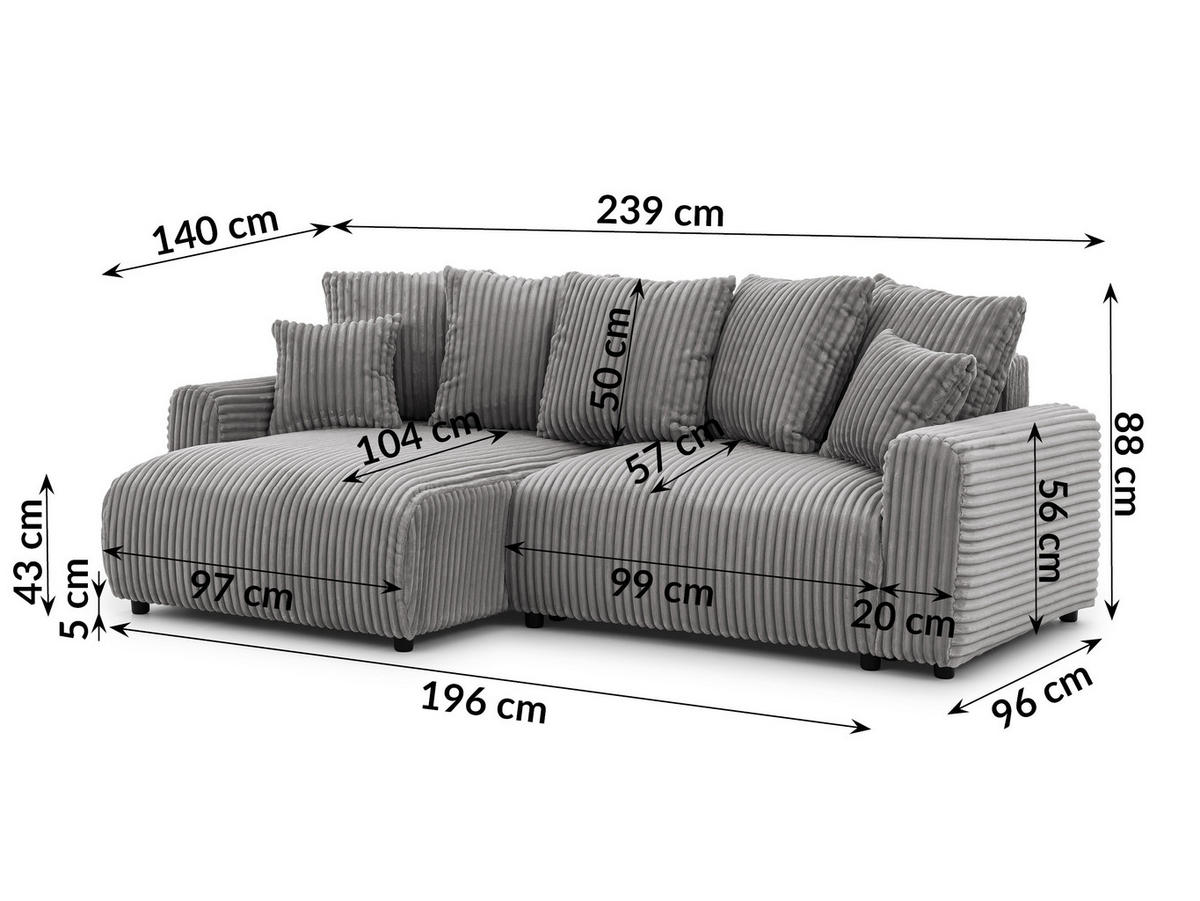 ECKSOFA Calma mit Schlaffunktion und Bettkasten im Bumpy-Design aus weichem Grau Plüschcord - Ottomane links - Schwarz/Grau, Holz/Kunststoff (239/140cm) - S-Style