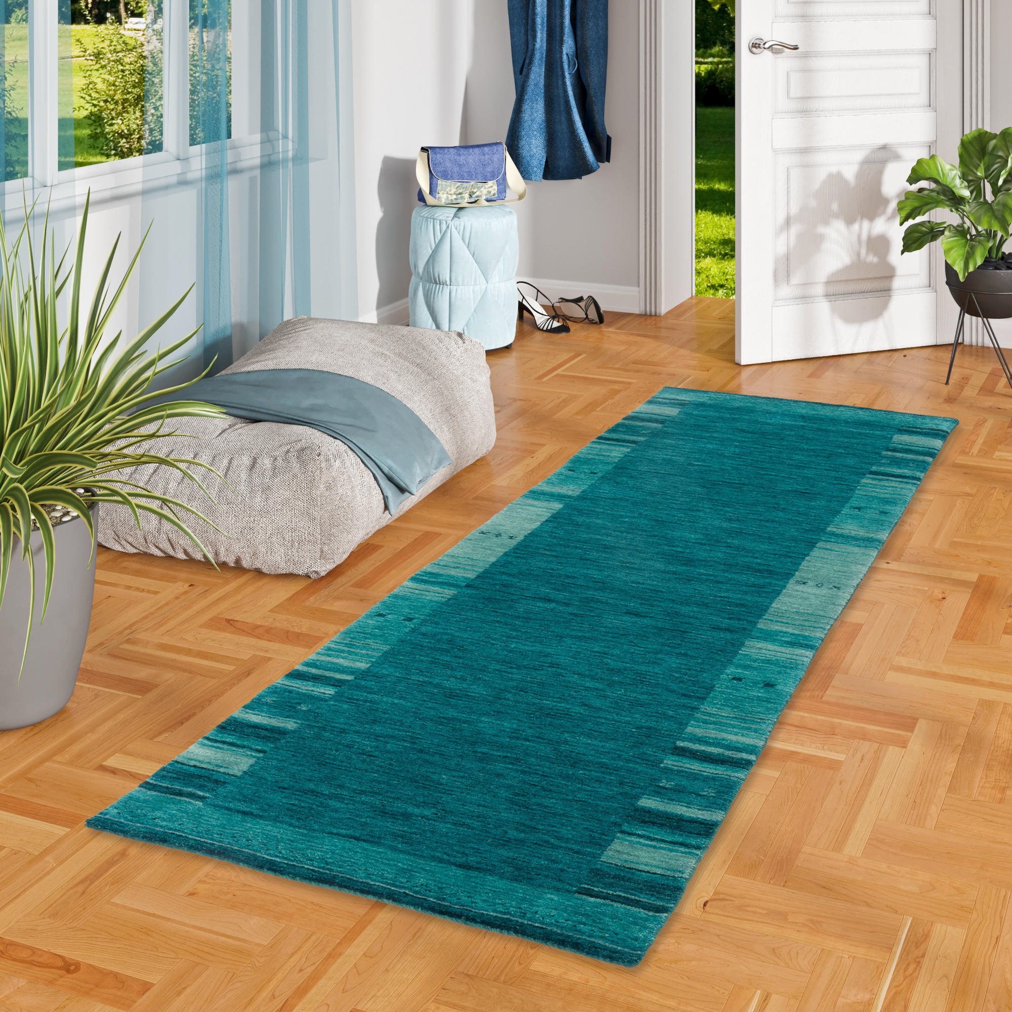 NATUR WOLLE TEPPICH GABBEH ESTA LÄUFER - Petrol, Textil (90/160cm) - Pergamon