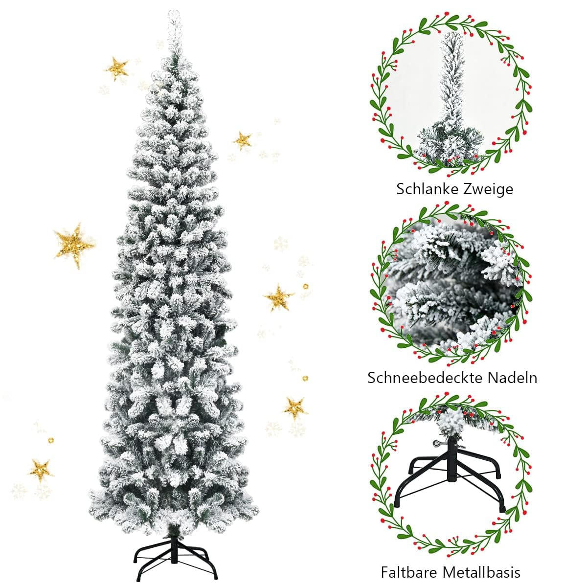 WEIHNACHTSBAUM Bleistiftform mit Schnee 225 cm grün - Grün, Metall (225cm) - COSTWAY