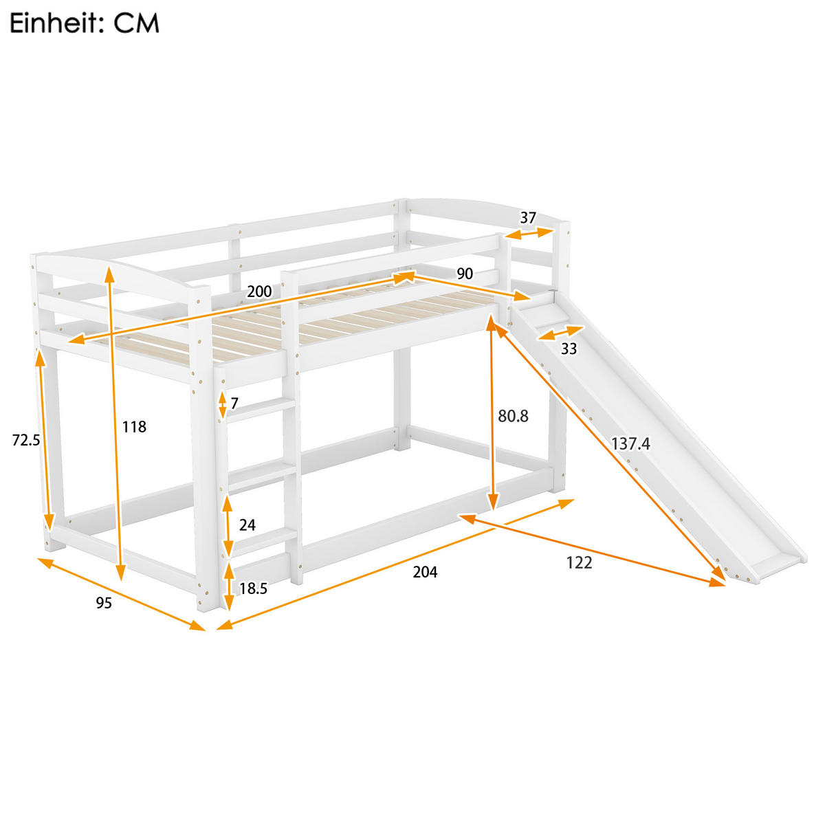 ETAGENBETT, 90x200 cm, mit Rutsche, Geländer und Leiter, Weiß - Grau, Holz (90/200cm) - OKWISH