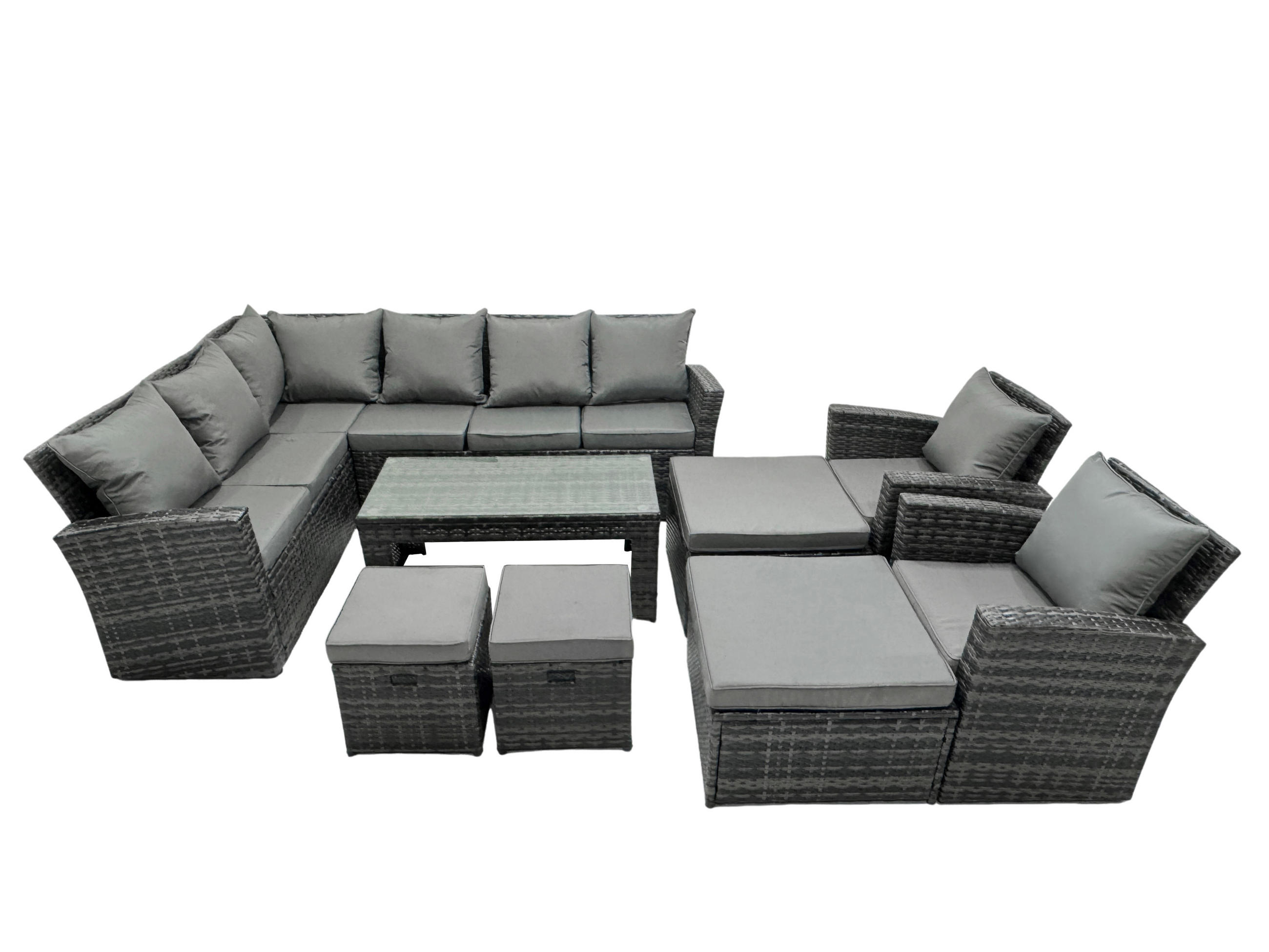 BALKONMÖBEL-SETS mit Ecksofa,Länglicher Couchtisch,4 Hocker,2 Sesseln Polyrattan Dunkelgrau 12-Sitzer - Dunkelgrau/Grau, Glas/Kunststoff - Fimous