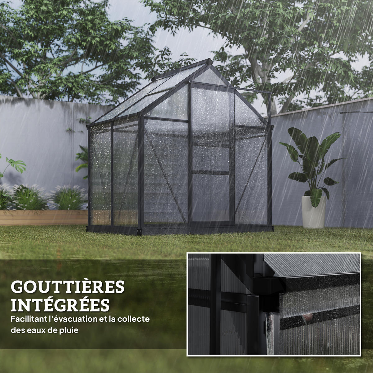 GEWÄCHSHAUS DE-11968 Polycarbonat mit Dachluke & Regenrinne Grau - Grau, Kunststoff (132/201/190cm) - ComfortXL
