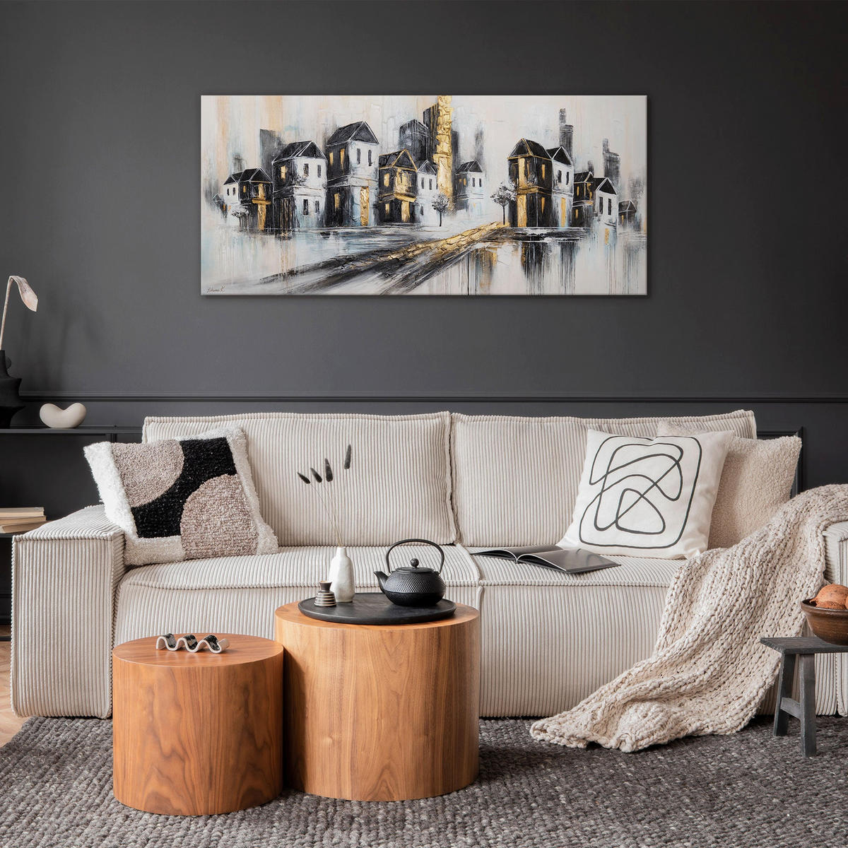 GEMÄLDE Goldene Stadt auf Keilrahmen 115x50 cm - Grau, Holz (115/50cm) - YS-art gallery