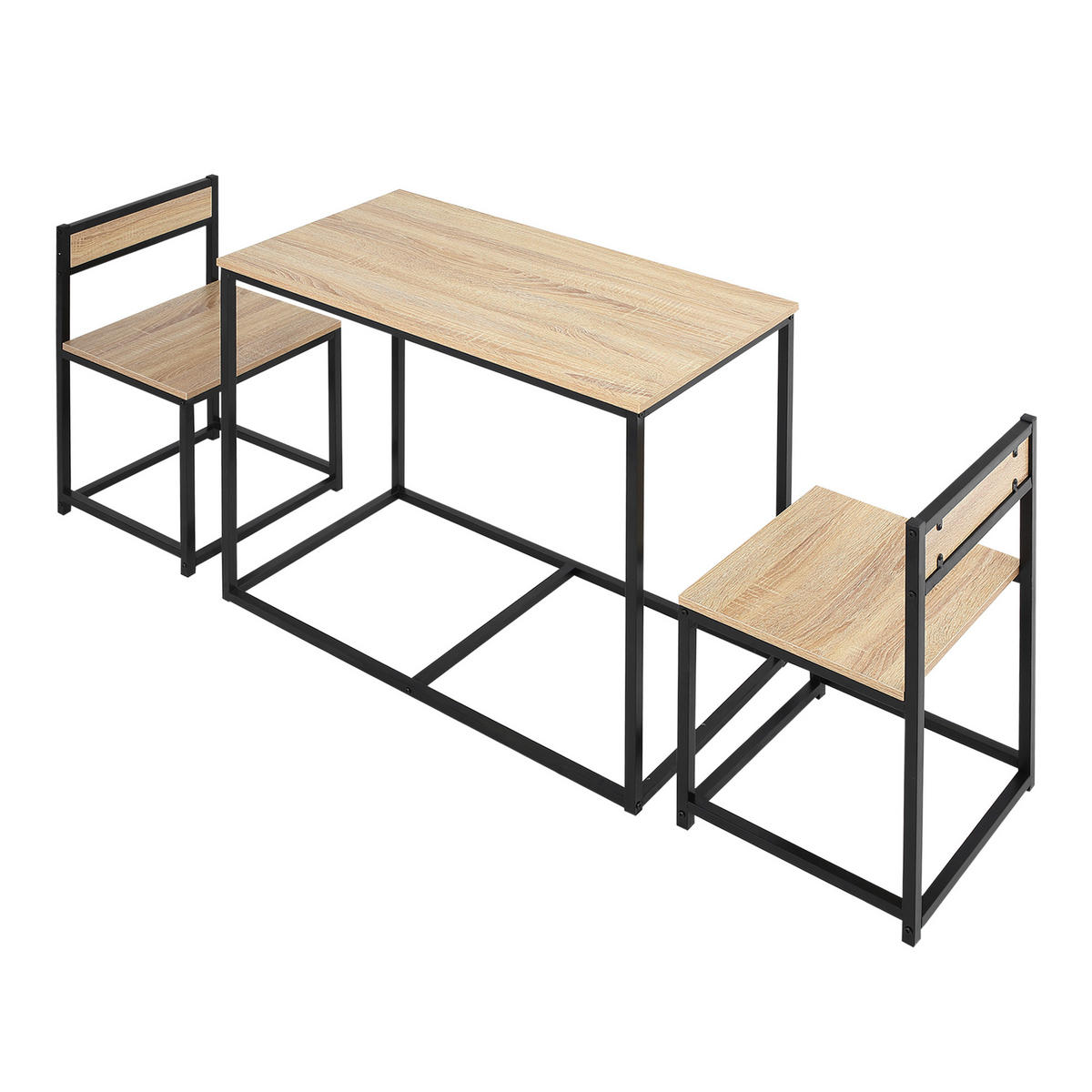 ESSGRUPPE mit Tisch und Stühlen – 1 Tisch + 2 stapelbare Stühle für die Küche – Schwarzes Metall mit heller Eichenholzoptik - Naturfarben, Kunststoff (90/76/47cm)