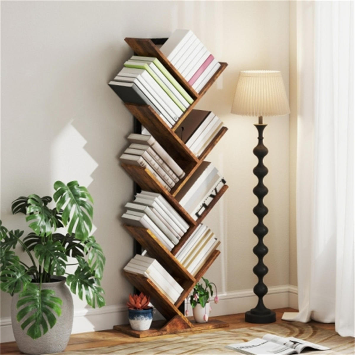 BÜCHERREGAL baumförmig, 9 Ebenen schmales Standregal rustikal braun, Maße 50 x 24 x 136 cm - Braun, Holz (50/136/24cm) - AKL FURNITURE