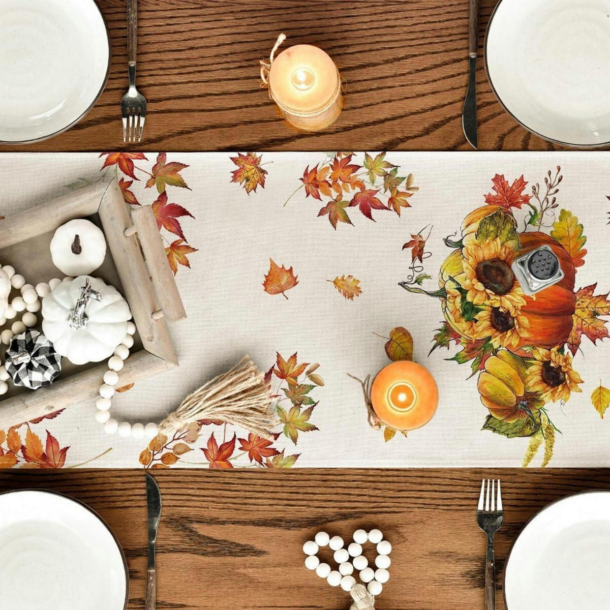 TISCHLÄUFER Herbstmotiv Kürbisse Sonnenblumen 40 x 140 cm - Creme, Textil (140/40/1.5cm)