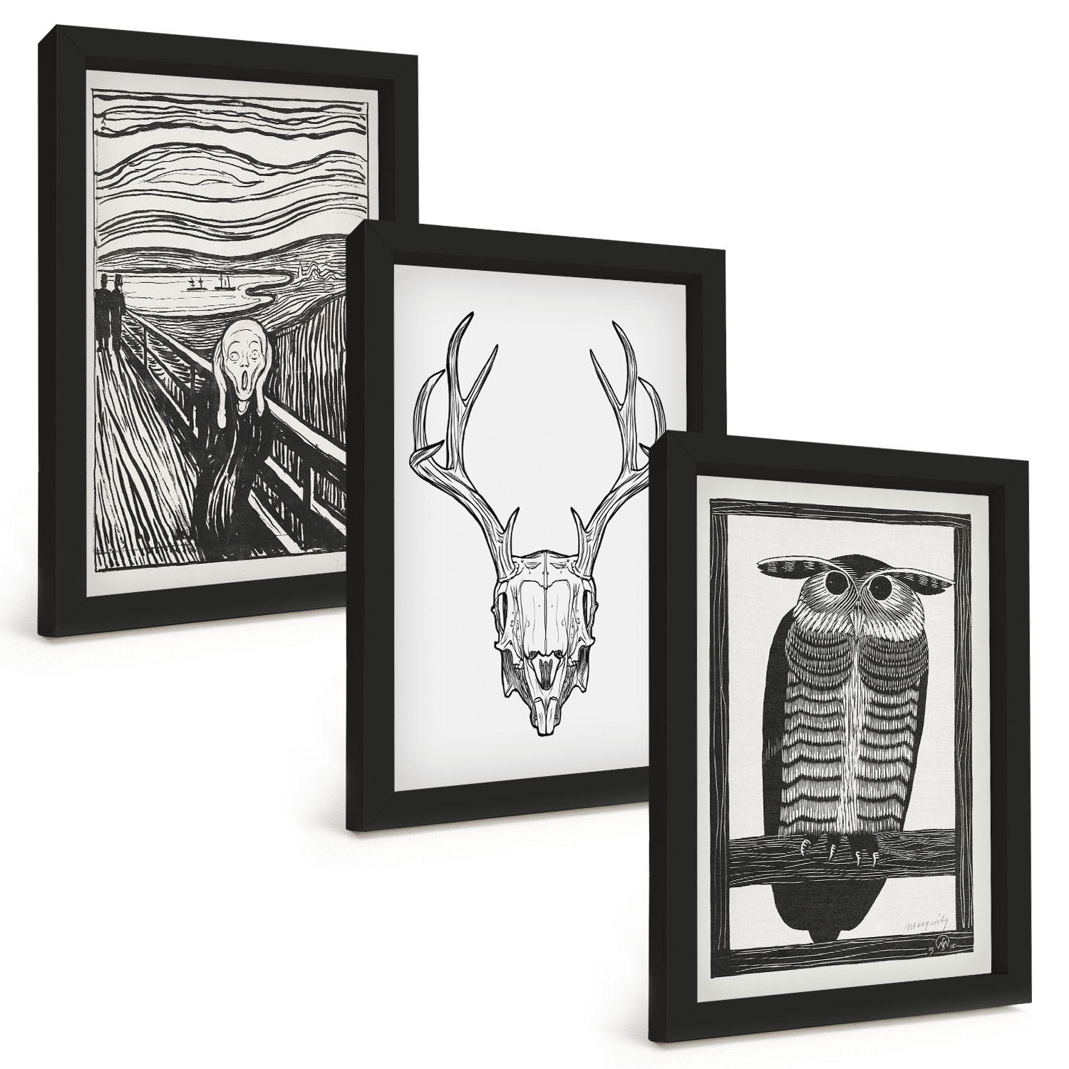 BILDER SET 3er Set - 20x30 cm Schwarzer Rahmen - Grafiken mit schreiendem Totenkopf-Eulen - Schwarz, Kunststoff (20/30cm) - TULUP