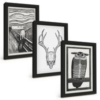 BILDER SET 3er Set - 20x30 cm Schwarzer Rahmen - Grafiken mit schreiendem Totenkopf-Eulen - Schwarz, Kunststoff (20/30cm) - TULUP