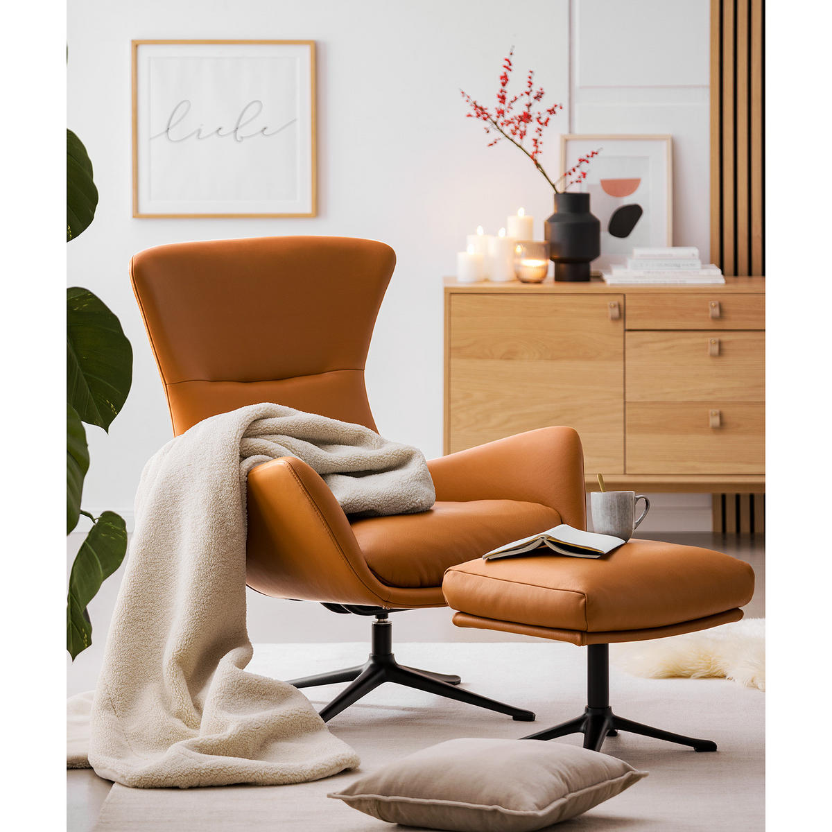 HOCKER mit Kreuzfuß - Cognac/Schwarz, Leder/Metall (54/41/41cm) - home24