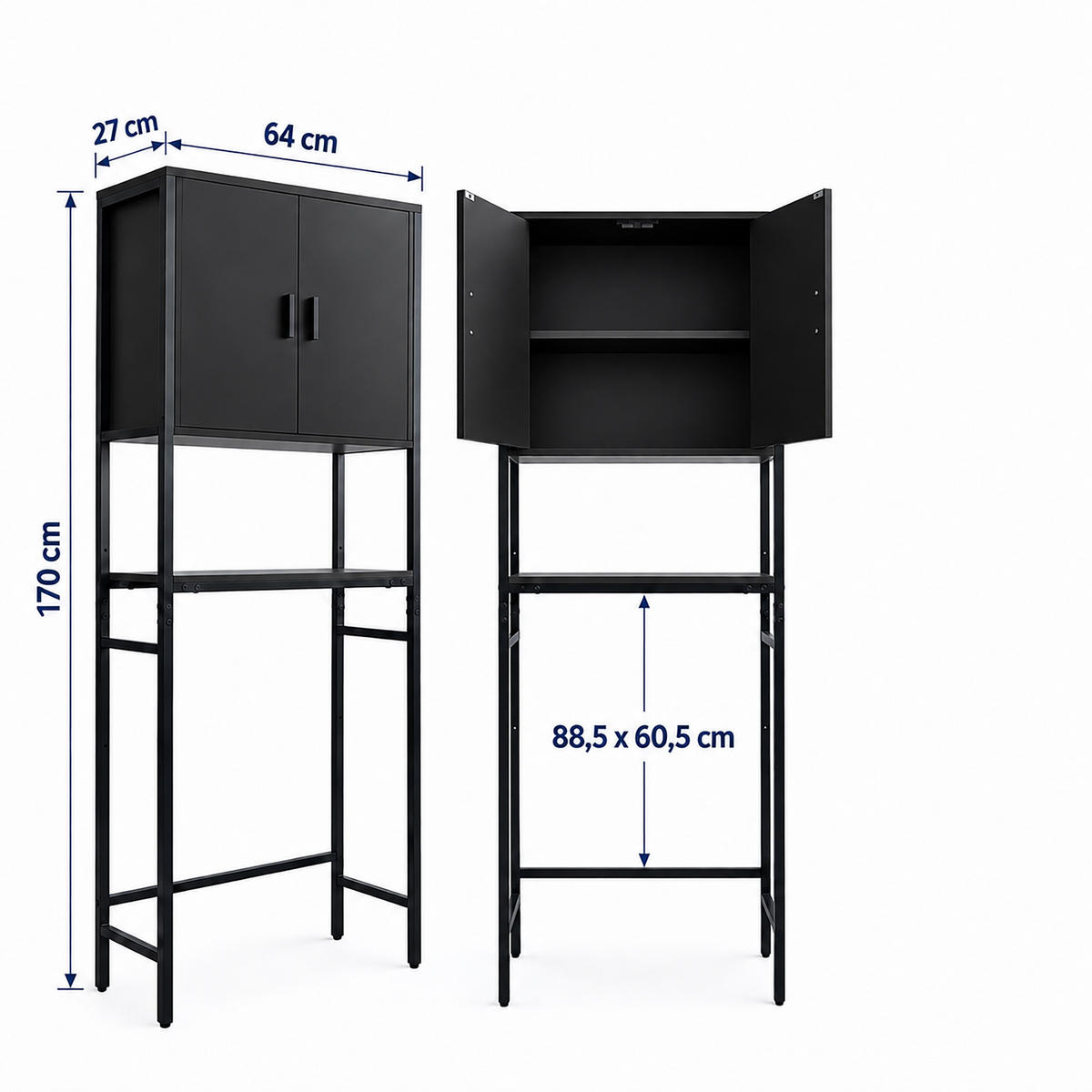 WASCHMASCHINENSCHRANK Schwarz Metall - Schwarz, Holzwerkstoff/Metall (64/170/27cm) - Relaxdays